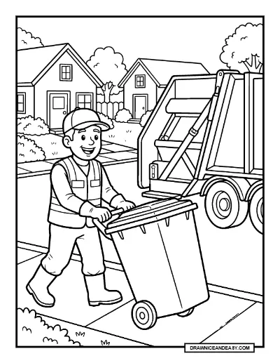 Friendly Sanitation Worker Collecting Trash Coloring Page coloring page preview