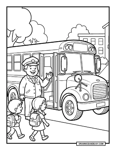 Friendly School Bus Driver Welcoming Children Coloring Page coloring page preview