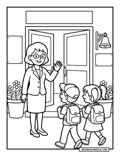 Friendly School Principal Greeting Students Coloring Page coloring page preview