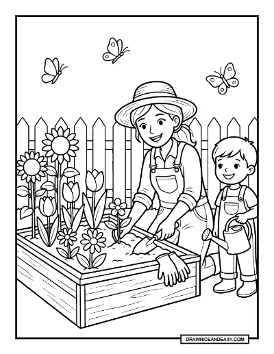 Gardener Planting a Community Garden Coloring Page coloring page preview