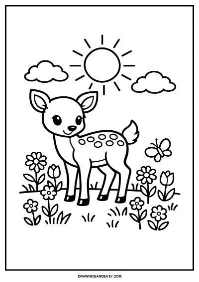 Gentle Deer Fawn Coloring Page | Spring Meadow Animal Printable | Easy Kids Art coloring page preview
