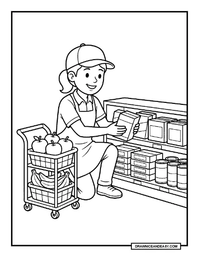 Grocery Store Worker Stocking Shelves Community Helpers Coloring Page coloring page preview