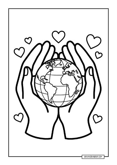 Hands Hugging Earth - Environmental Love Coloring Page coloring page preview
