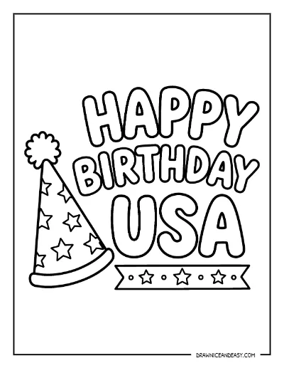Happy Birthday USA Coloring Page – Party Hat Free Printable for Kids coloring page preview