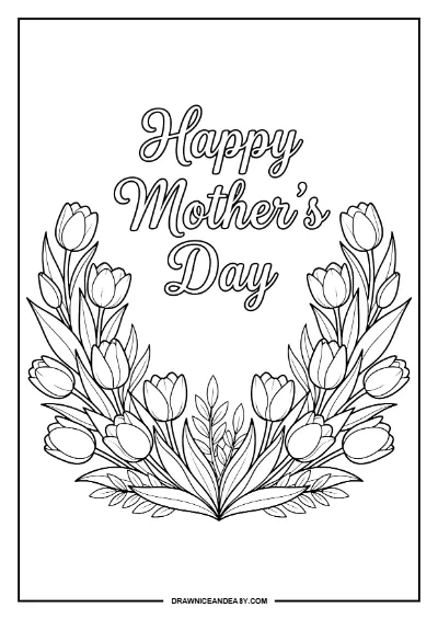 Happy Mother's Day Floral Wreath Coloring Page Free Printable PDF coloring page preview