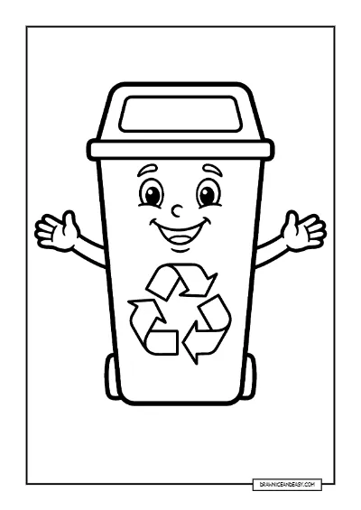 Happy Recycling Bin Character - Cute Earth Day Page coloring page preview