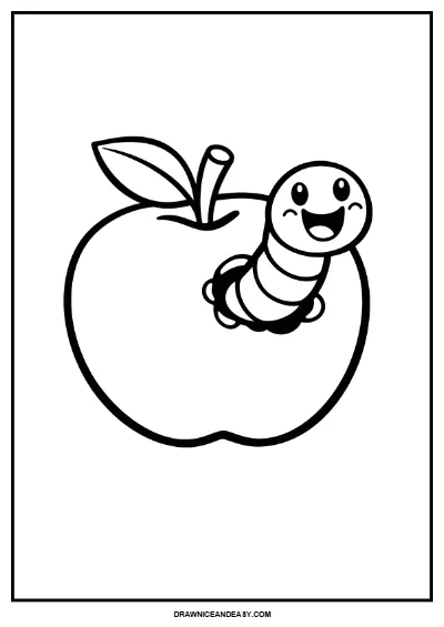 Happy Worm Coloring Page | Spring Apple Fun for Kids | Easy Garden Printable coloring page preview