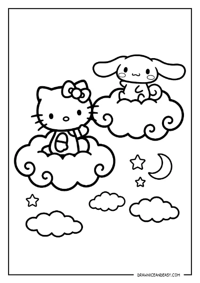 Hello Kitty and Cinnamoroll Clouds Sky Coloring Page – Free Printable PDF coloring page preview