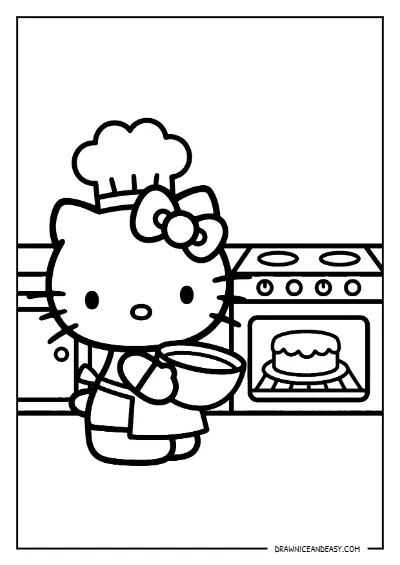 Hello Kitty Baking Cake Kitchen Coloring Page – Free Printable PDF coloring page preview