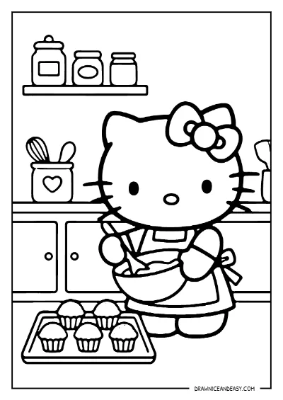 Hello Kitty Baking Cupcakes Coloring Page – Free Printable PDF coloring page preview