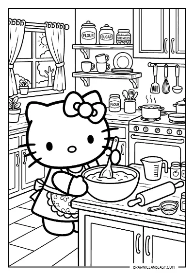 Hello Kitty Baking in Kitchen Coloring Page – Free Printable PDF coloring page preview