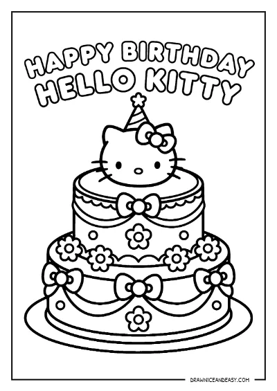 Hello Kitty Birthday Cake Coloring Page for Kids – Free Printable PDF coloring page preview
