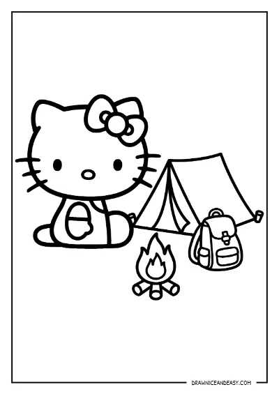 Hello Kitty Camping Tent Outdoor Coloring Page – Free Printable PDF coloring page preview
