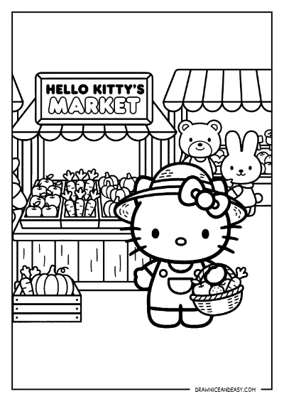 Hello Kitty Farmers Market Shopping Coloring Page – Free Printable PDF coloring page preview