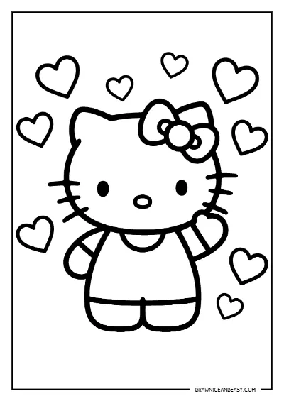 Hello Kitty Hearts Love Coloring Page – Free Printable PDF coloring page preview