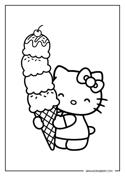 Hello Kitty Holding Ice Cream Coloring Page for Kids – Free Printable PDF coloring page preview