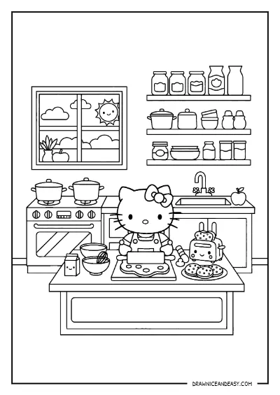 Hello Kitty Kitchen Cooking Scene Coloring Page – Free Printable PDF coloring page preview