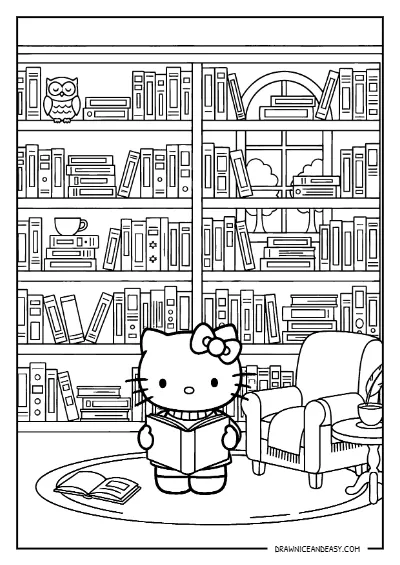 Hello Kitty Library Reading Room Coloring Page – Free Printable PDF coloring page preview