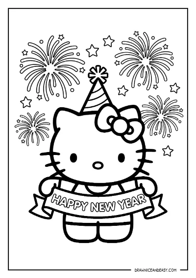 Hello Kitty New Year Fireworks Celebration Coloring Page – Free Printable PDF coloring page preview