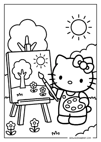 Hello Kitty Outdoor Art Painting Coloring Page – Free Printable PDF coloring page preview