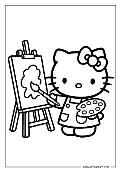 Hello Kitty Painting Canvas Coloring Page – Free Printable PDF coloring page preview