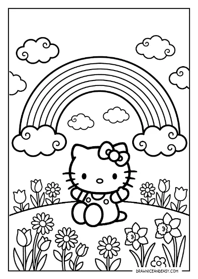 Hello Kitty Rainbow Sky Coloring Page for Kids – Free Printable PDF coloring page preview