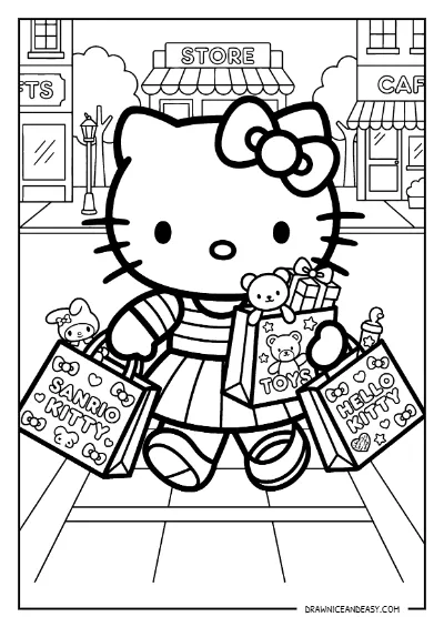Hello Kitty Shopping Bags City Coloring Page – Free Printable PDF coloring page preview
