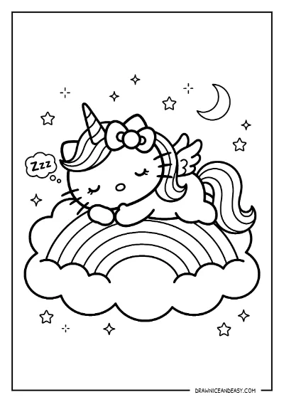 Hello Kitty Unicorn Rainbow Cloud Coloring Page – Free Printable PDF coloring page preview