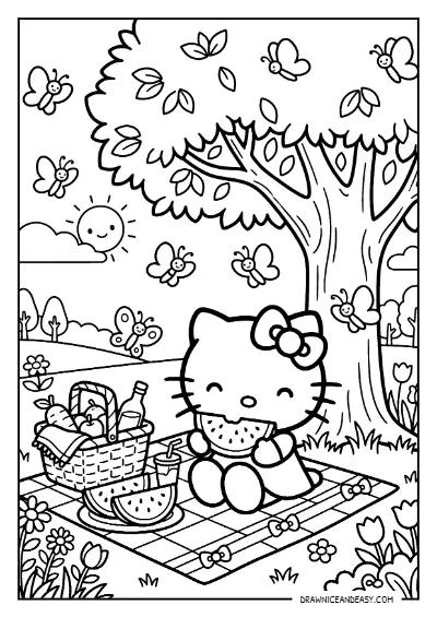 Hello Kitty Watermelon Picnic Outdoor Coloring Page – Free Printable PDF coloring page preview