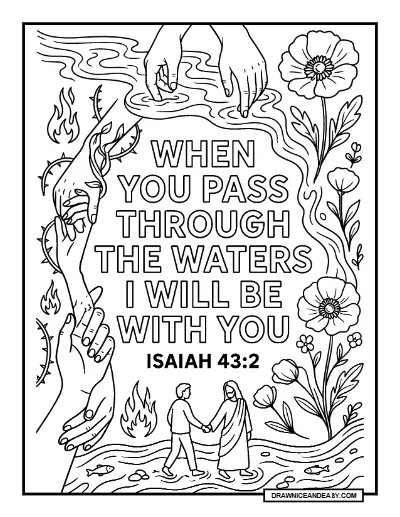 Isaiah 43:2 When You Pass Through the Waters Bible Verse Coloring Page coloring page preview