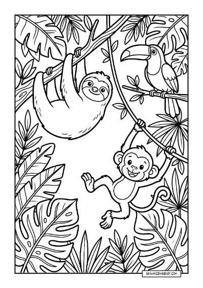 Jungle Rainforest - Sloth and Monkey Tropical Page coloring page preview