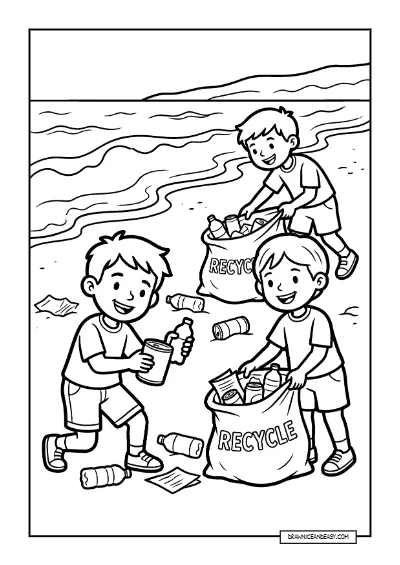 Kids Beach Cleanup - Ocean Conservation Coloring Page coloring page preview