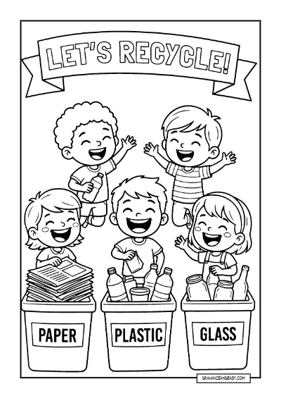 Kids Sorting Recycling - Paper Plastic Glass Activity coloring page preview