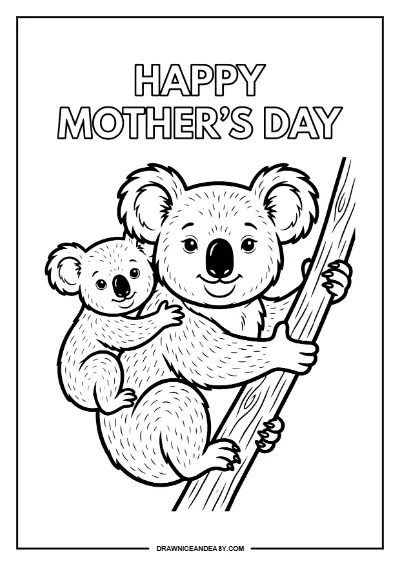 Koala Mother Baby Happy Mother's Day Coloring Page Free Printable coloring page preview