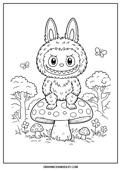 Labubu Mushroom Forest Coloring Page – PDF Download coloring page preview