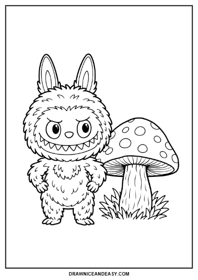 Labubu Mushroom Forest Coloring Page Printable PDF coloring page preview