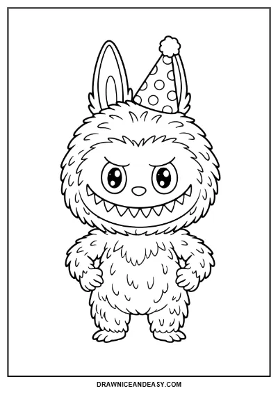 Labubu Party Hat Coloring Page Printable PDF coloring page preview