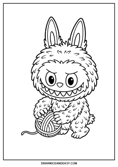 Labubu Yarn Ball Playing Coloring Page Printable coloring page preview