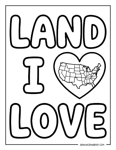 Land I Love Heart Map Coloring Page – Free Patriotic Printable coloring page preview
