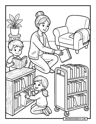 Librarian Helping Children Organize Books Coloring Page coloring page preview