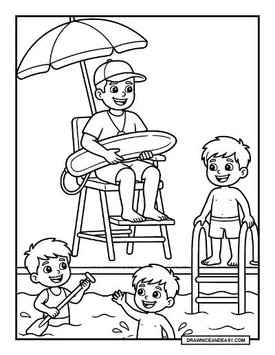 Lifeguard Watching a Swimming Pool Community Helpers Coloring Page coloring page preview