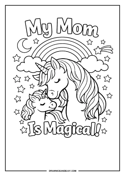 Magical Unicorn Mom Mother's Day Coloring Page Free Printable PDF coloring page preview
