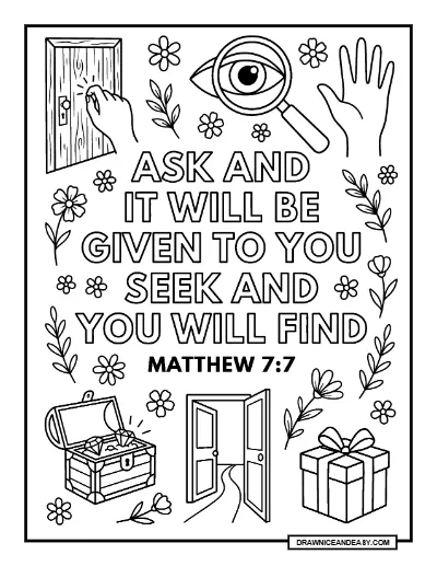 Matthew 7:7 Ask Seek Knock Bible Verse Coloring Page coloring page preview