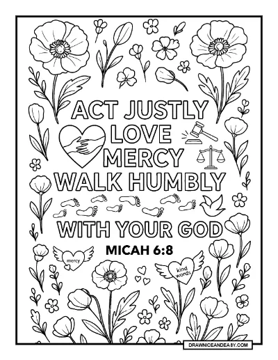 Micah 6:8 Do Justice Love Mercy Walk Humbly Bible Verse Coloring Page coloring page preview