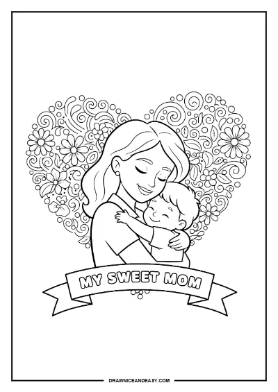 Mom and Baby Heart Love Mother's Day Coloring Page Free Printable coloring page preview