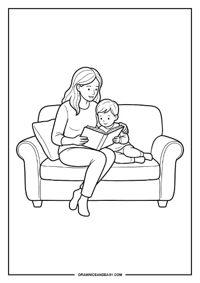 Mom and Baby on Sofa Mother's Day Coloring Page Printable PDF coloring page preview