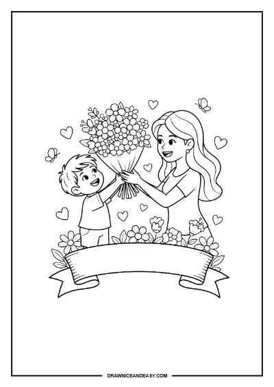 Mom and Child Banner Mother's Day Coloring Page Free Printable coloring page preview