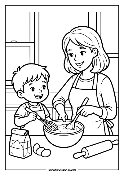 Mom Cooking with Kids Kitchen Mother's Day Coloring Page Printable PDF coloring page preview