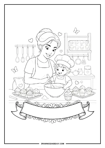Mom Cooking with Kids Mother's Day Coloring Page Free Printable coloring page preview