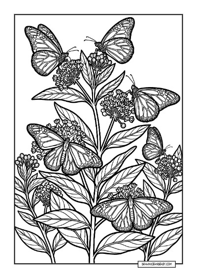 Monarch Butterflies on Milkweed - Garden Coloring Page coloring page preview